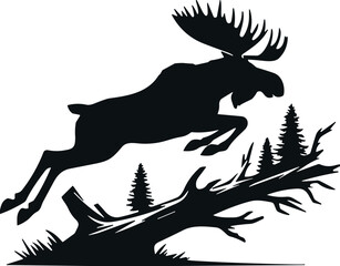 Leaping moose silhouette, large antlers, forest scene, pine trees, fallen log, wildlife motion, black vector, nature illustration, dynamic pose