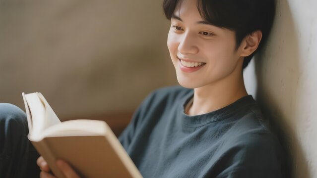 A young man smiles while reading a book, leaning against a wall in a relaxed setting.