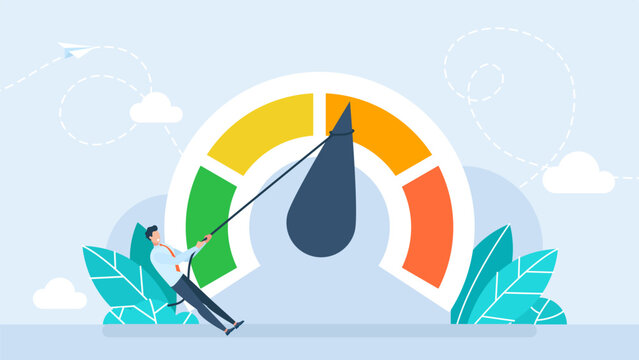 Reduce business risk level. Cartoon tiny man pushing arrow of stress level meter. Man person working hard on decrease financial red alert meter and lower danger indicator on scale. Vector illustration