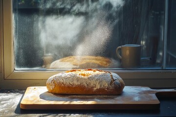Freshly baked sourdough bread on a cutting board flour dusting morning light