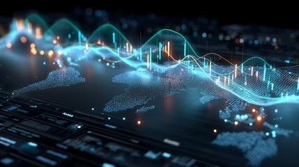 Abstract global finance data mesh with AI analysis graphs, neon glow, and world map overlay