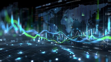 Abstract global finance data mesh with neon glow, detailed graphs, and world map overlays