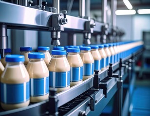 Industrial dairy production line processing bottles of milk with automated filling machinery in a modern factory setting