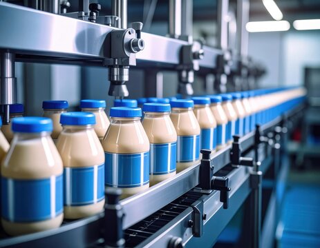 Industrial dairy production line processing bottles of milk with automated filling machinery in a modern factory setting