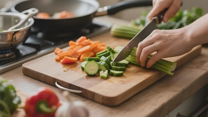 Person chopping vegetables on a wooden cutting board in a kitchen