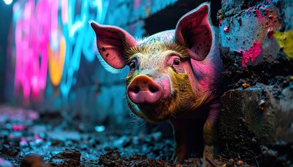 Pig in neon street art with urban grunge background.