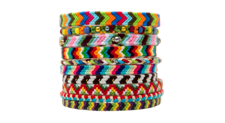 Stack of woven friendship bracelets, isolated on white background
