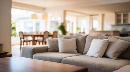 Fototapeta premium A cozy living room with a soft couch, decorative pillows, and a welcoming ambiance for relaxation and gatherings.