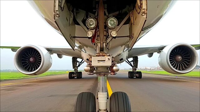Front-facing footage of a commercial airplane being towed along the taxiway toward the hangar for maintenance, showcasing aviation ground operations