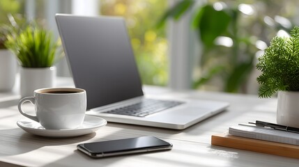 Clean modern workstation with laptop, smartphone, coffee, and plants