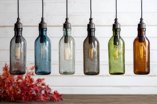 Decorative bottle pendant lights in various colors.