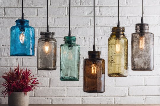 Rustic glass pendant lights against a white brick backdrop.