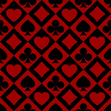 Flat decorative chess cell seamless pattern background with playing card suit symbols in red and black colors. Vector illustration