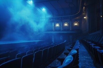 Naklejka premium Blue light illuminating an empty theatre stage and seats with smoke
