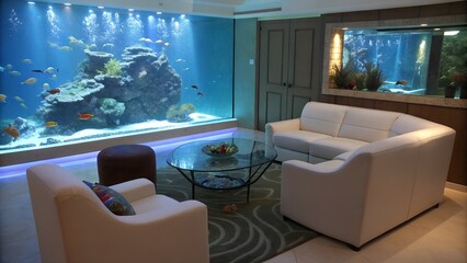 A luxurious living room featuring large aquariums with colorful fish and comfortable white furniture