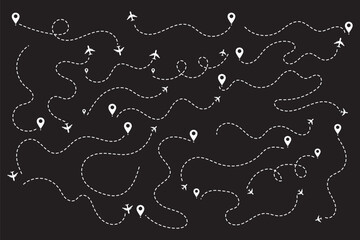 Set of airplane routes in dashed line trace. Plane route lines of aircraft tracking, location pins, planes, travel, map pins on white background. Vector illustration for infographic, map, track