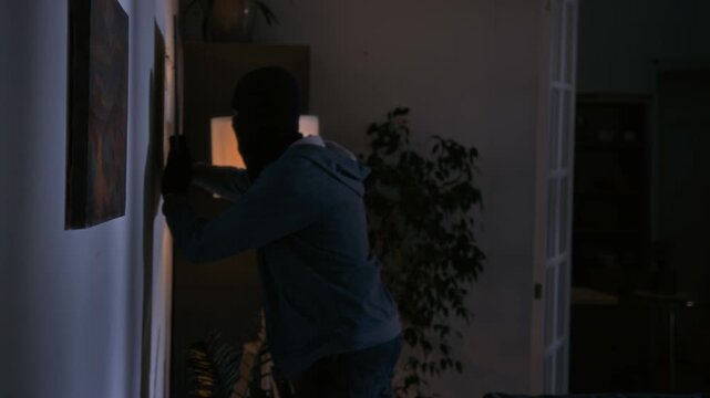Young burglar in black balaclava taking off pictures from wall while looking for safe during break in