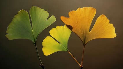 Obraz premium Vibrant Ginkgo Leaves: Seasonal Transition from Green to Golden Yellow