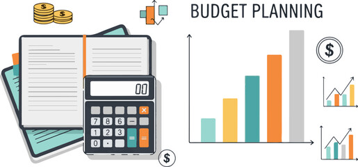 Vector art of budget planning with calculator, notebook, and financial growth chart