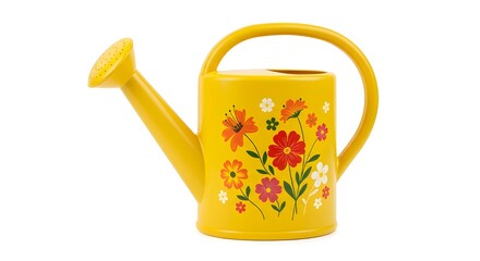 Yellow watering can with floral design on white background