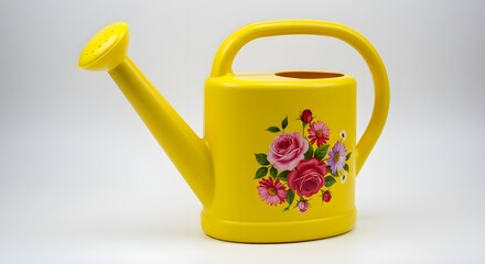 Yellow watering can with roses on white background