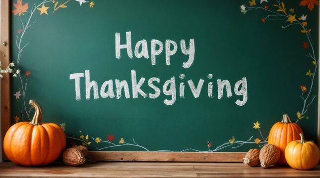 Happy Thanksgiving lettering on green chalkboard with pumpkins