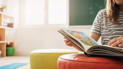 Young girl reading colorful storybook while sitting on pouf in classroom  