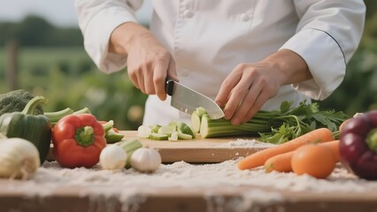 Chef slicing celery on a wooden board surrounded by fresh vegetables
