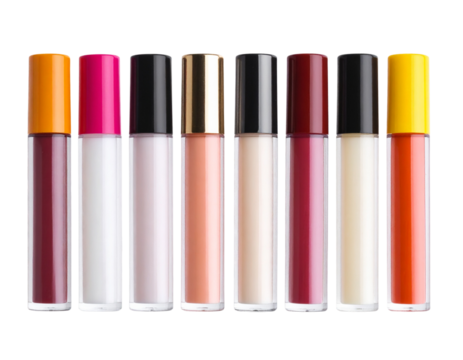 Top-Down Flat Lay of Multiple Lip Balm Tubes with Different Colored Caps, transparent background png