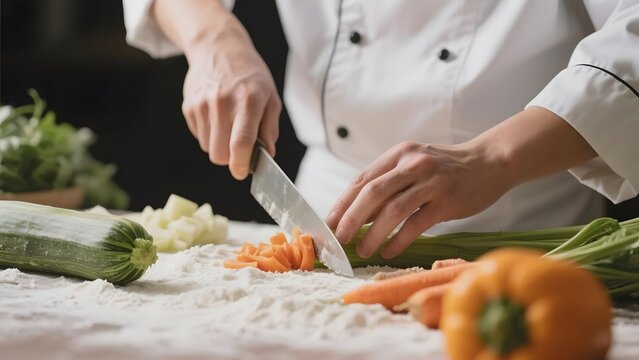 Chef slicing carrots on a cutting board surrounded by fresh vegetables