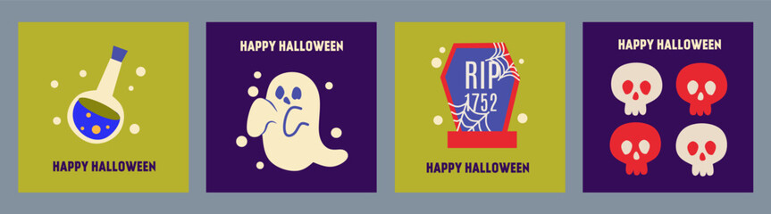 Set of trendy minimalist Halloween geometric posters with ghosts, skulls, text, poison. Vector background with holiday icons. Modern flat design for card, advertising, banner, cover, ads, branding.