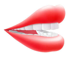 Sexy juicy lips in vibrant color isolated on white background. Perfect for beauty, makeup, and fashion concepts. Woman's kiss side view, a smile. Glamorous look. 3D realistic vector illustration.