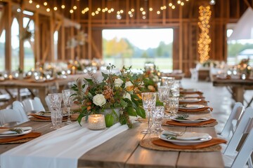 Elegant wedding reception setup with tables adorned with flowers and twinkling lights in a rustic barn setting.