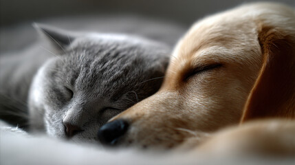 peaceful scene unfolds with calm cat and gentle dog sleeping side by side