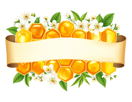 Wildflower and Honeycomb Tea Label with Curved Ribbon Banner and Leaf Accents, PNG Vector Layout
