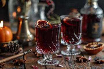 Crystal glasses of warming mulled wine with spices and orange slices on a rustic wooden table, creating a cozy and festive atmosphere