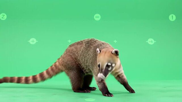 Curious Coati with Striped Tail on Green Screen Studio Background, Ready for Compositing and Keying