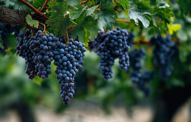 A close-up of grapes hanging from the branch in an orchard