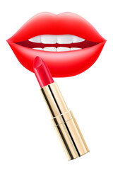 Obraz premium Sexy juicy lips with bright red lipstick isolated on white background. Cosmetics advertising concept. Lip balm and juicy lips. Perfect for beauty, makeup. 3D realistic vector illustration.