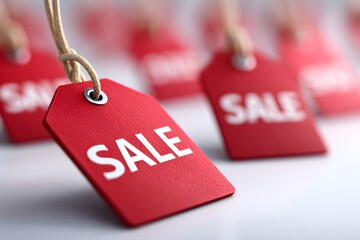 Playful sale scene with bold red tags on a white background like beacons.