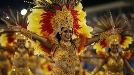 Woman in feathered headdress and ornate costume performs at a vibrant carnival celebration scene - Powered by Adobe