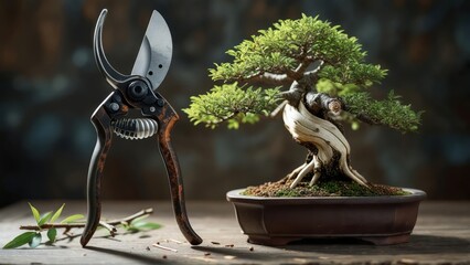 Bonsai Tree and Pruning Shears: Miniature Tree Gardening and Shaping Art