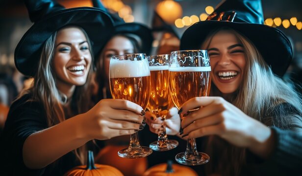 Group of Friends Celebrating Halloween With Drinks at a Festive Gathering in a Cozy Setting