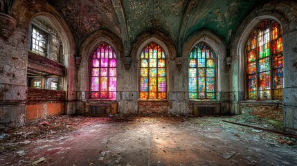 Abandoned Church Interior with Stained Glass Windows, Featuring Gothic Architecture and Atmospheric Light in a Dilapidated Space