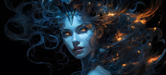 The black background contrasts sharply with the bright blue silver light emitted by Medusa ifrit,generative AI