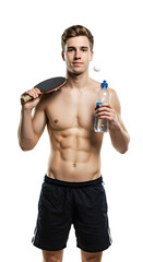 Fototapeta premium Sports Athletes - Young athletic man holding table tennis paddle and water bottle with ping pong ball, isolated on black background, perfect for sports and fitness content