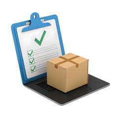 3D Clipboard with Checklist, Cardboard Box, and Laptop for Online Shopping, Delivery, and Order Management Concepts