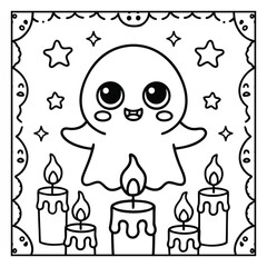 Ghost on the Dark Halloween Coloring Page – Spooky Haunted Night Scene with Ghosts, Pumpkins, and Bats Line Art for Kids and Adults. Halloween Coloring Pages