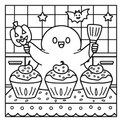 Ghost on the Dark Halloween Coloring Page – Spooky Haunted Night Scene with Ghosts, Pumpkins, and Bats Line Art for Kids and Adults. Halloween Coloring Pages