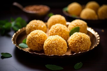 Murmura ladoo decorated with mint leaves, a popular indian sweet snack made from puffed rice, jaggery, and ghee
